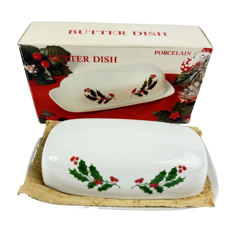 Christmas Holly Butter Dish Porcelain White Holiday Table Decor Green Red 1991